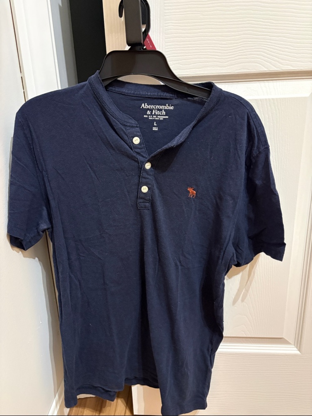 Abercrombie & Fitch Navy Short-Sleeve Henley with Red Moose Logo